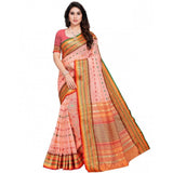 Peach cotton blend Kota Doria woven Butta saree with unstitched blouse for casual and festive wear (5-6 mtrs)