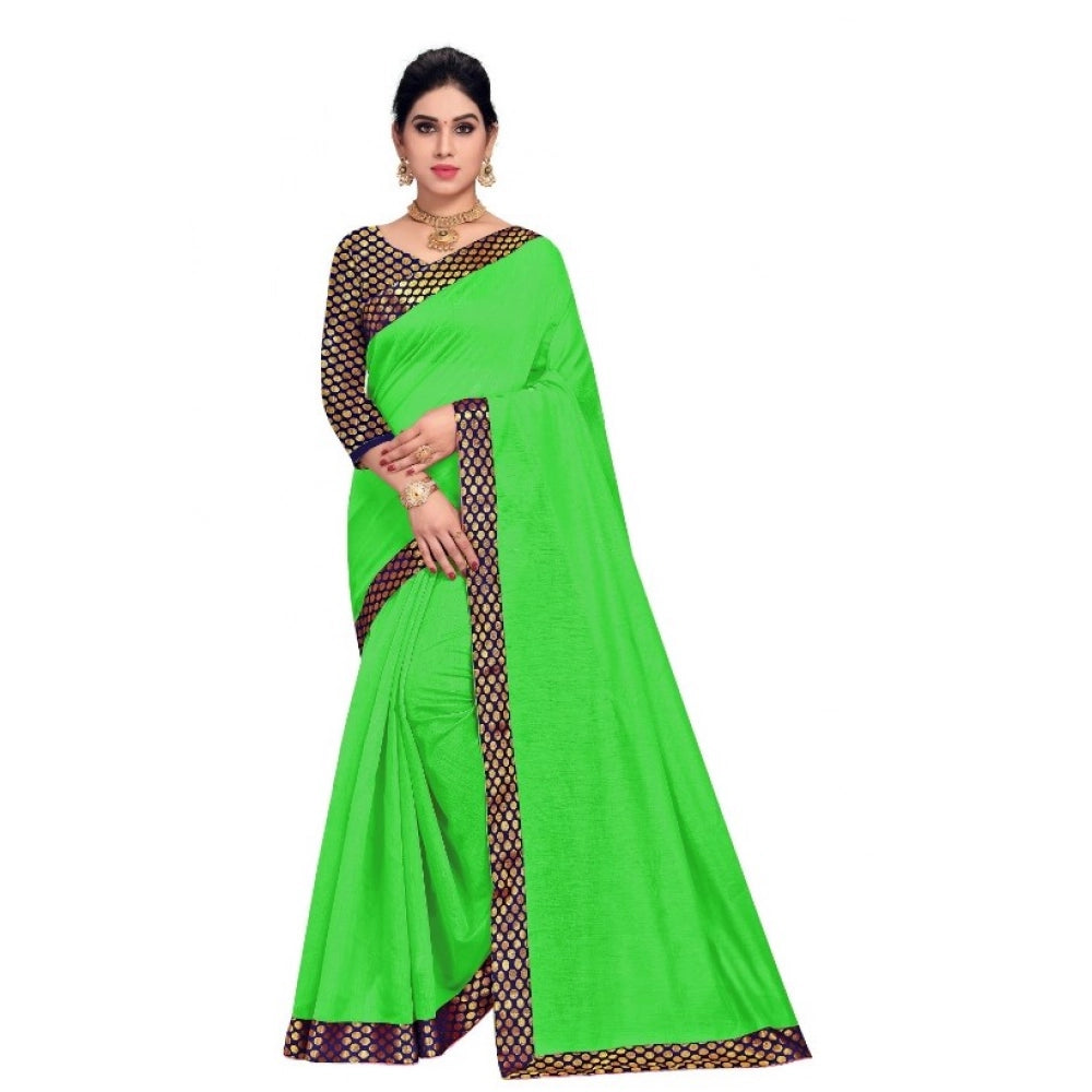 Green Chanderi cotton lace border saree with blouse (5-6 mtrs), casual and festive wear for women