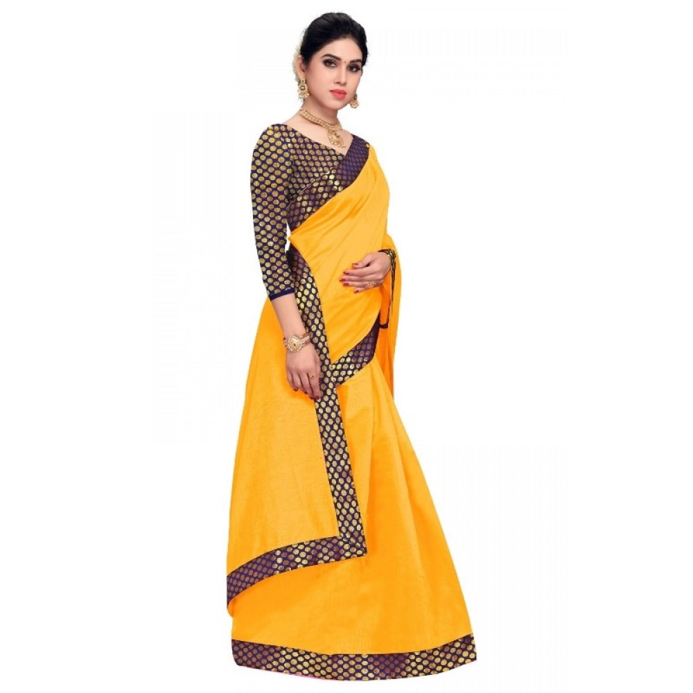 Gold Chanderi Cotton Lace Border Saree with Blouse (5-6 mtrs), casual and festive wear for women on mannequin