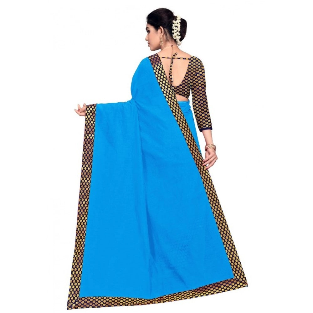 Sky Blue chanderi cotton lace border saree and blouse (5-6 mtrs), perfect for casual and festive wear