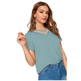 Polyester knitted women's t-shirt with V-neck