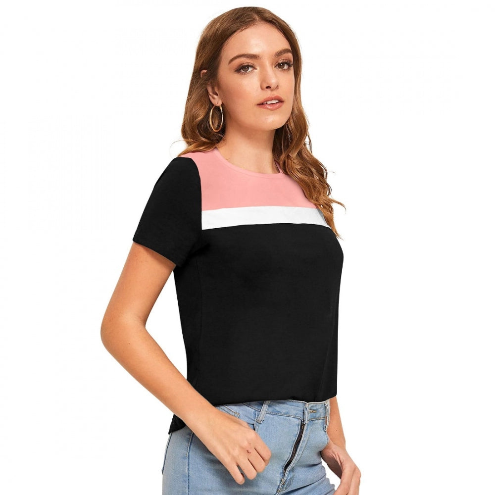 Black polyester knitted T-shirt with peach sleeves and trim