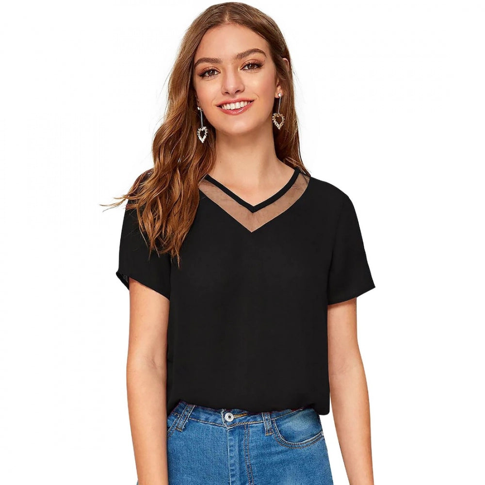 Black women's polyester knitted t-shirt