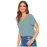 Women's knitted polyester T-shirt with V-neck, blue heather