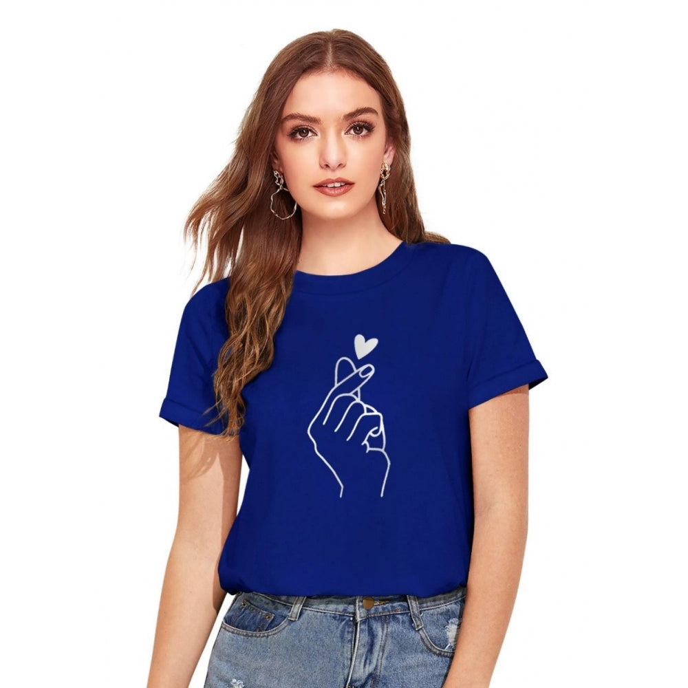 A person is wearing a royal blue cotton western style t-shirt
