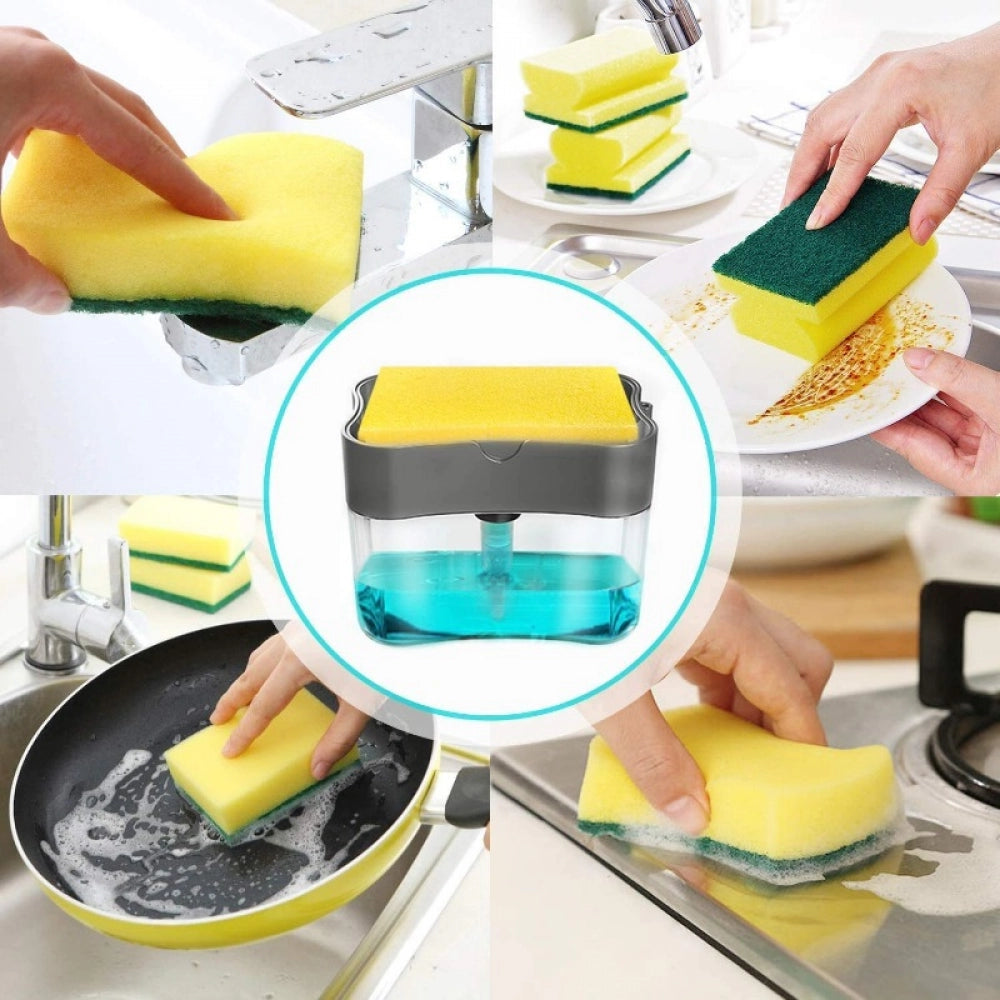 Assorted 2-in-1 sink/dishwasher liquid soap dispenser with included sponge, ideal for kitchen and laundry cleaning