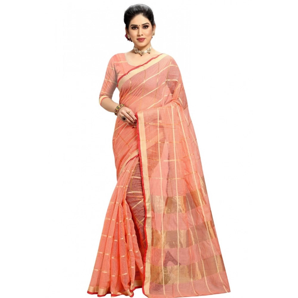 Peach Kota Doria cotton checked saree with blouse (5-6 mtrs), suitable for casual and festive wear