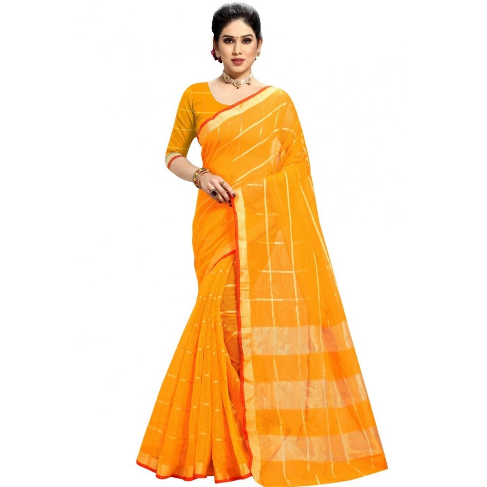 Yellow Kota Doria cotton checked saree with blouse (5-6 mtrs), suitable for casual and festive wear