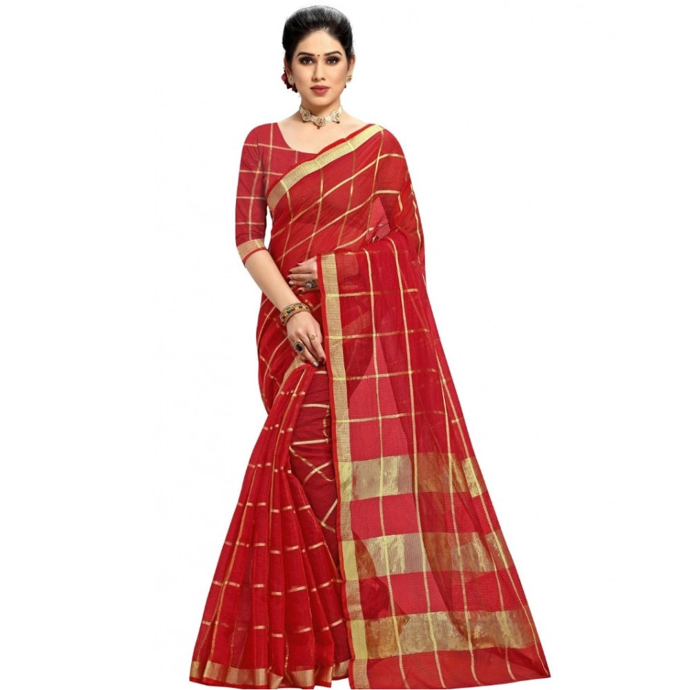 Red Kota Doria cotton checked saree with blouse (5-6 mtrs), ideal for casual and festive wear