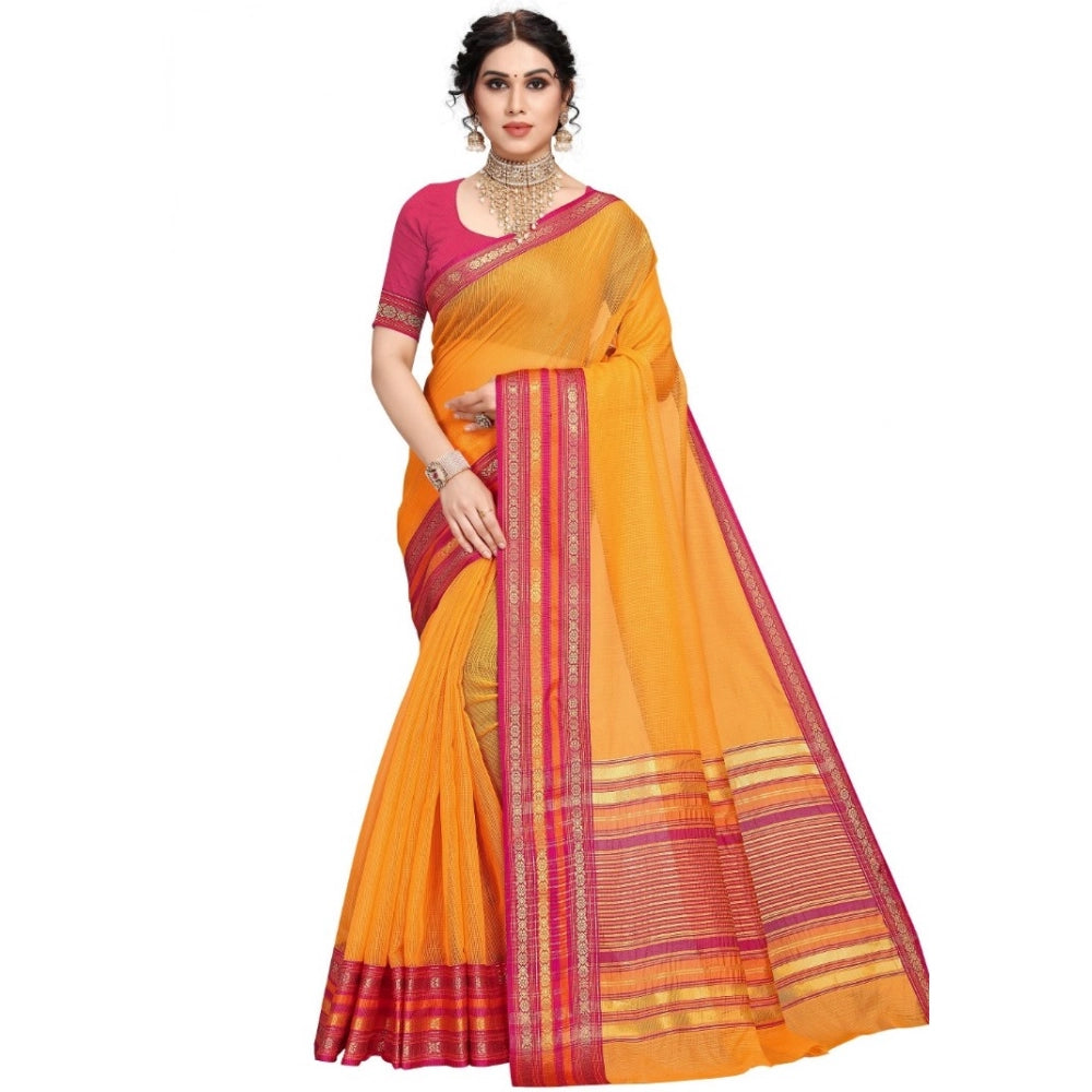 Gold Kota Doria cotton bordered saree with blouse for women, 5-6 meters, suitable for casual and festive wear