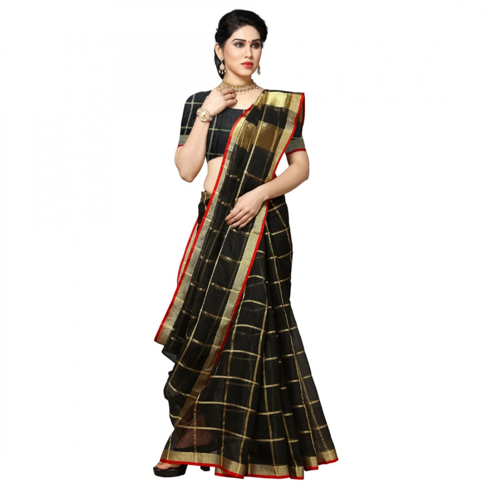 Black kota doria cotton checked saree with blouse, perfect for casual and festive wear