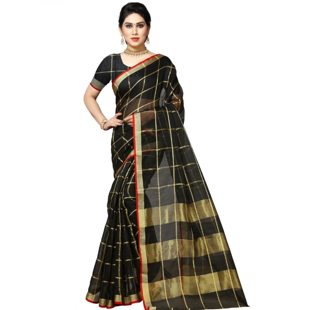 Black kota doria cotton checked saree and blouse for women, perfect for casual and festive wear