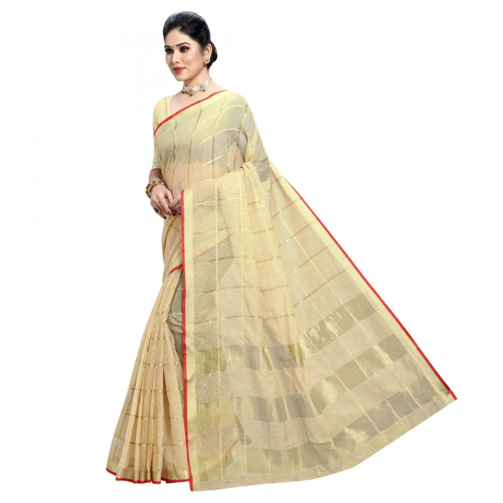 Beige Kota Doria cotton checked saree with blouse (5-6 mtrs), suitable for casual and festive wear