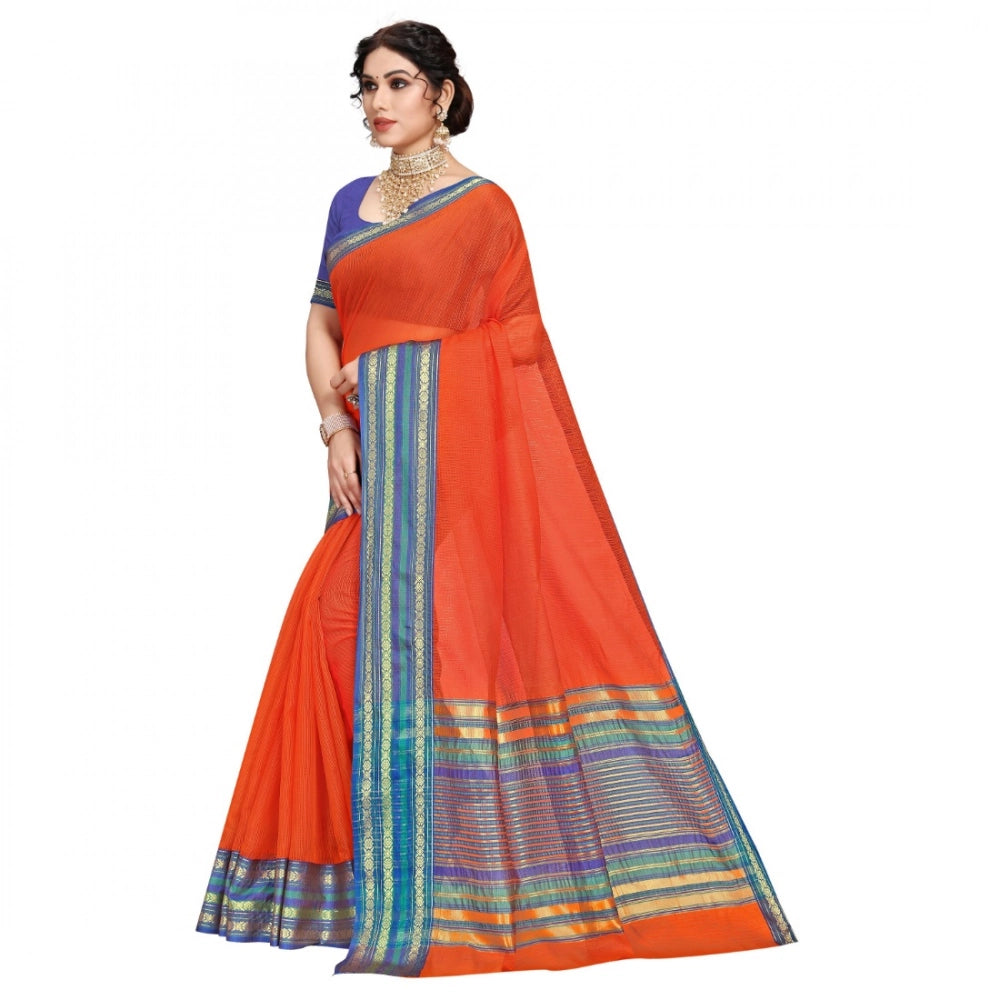 Fanta-hued Kota Doria cotton bordered saree with blouse, suitable for casual and festive wear