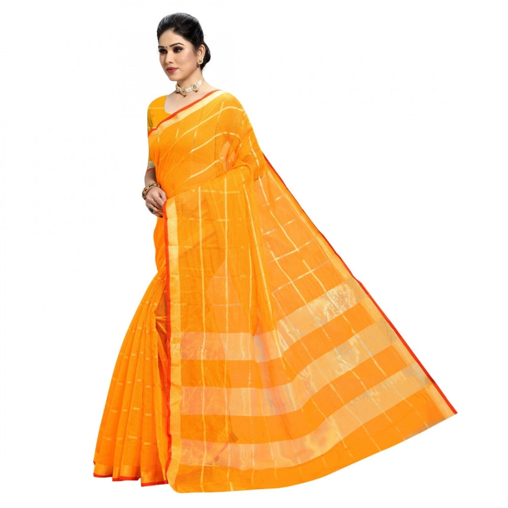 Yellow Kota Doria cotton checked saree and blouse (5-6 meters), casual and festive wear for women