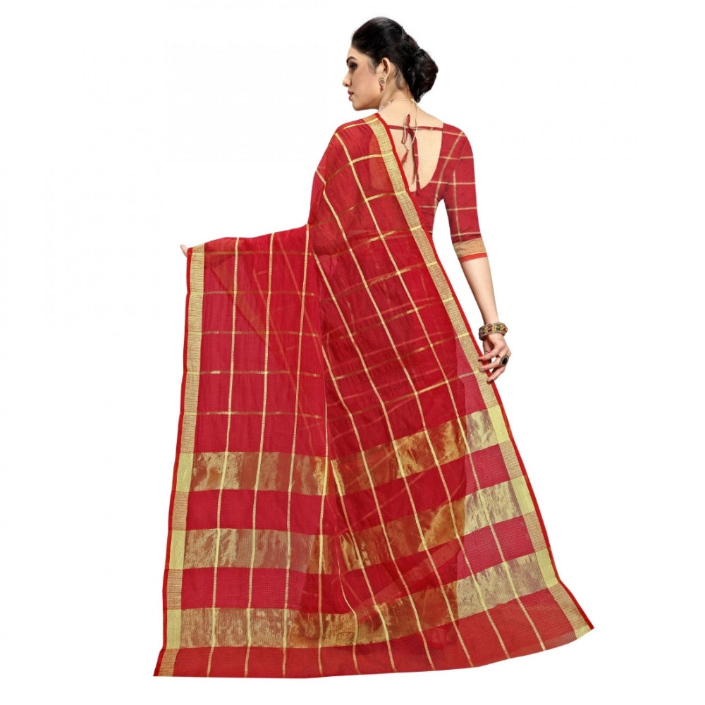 Red Kota Doria cotton checked saree set with blouse (5-6 mtrs), ideal for casual and festive wear
