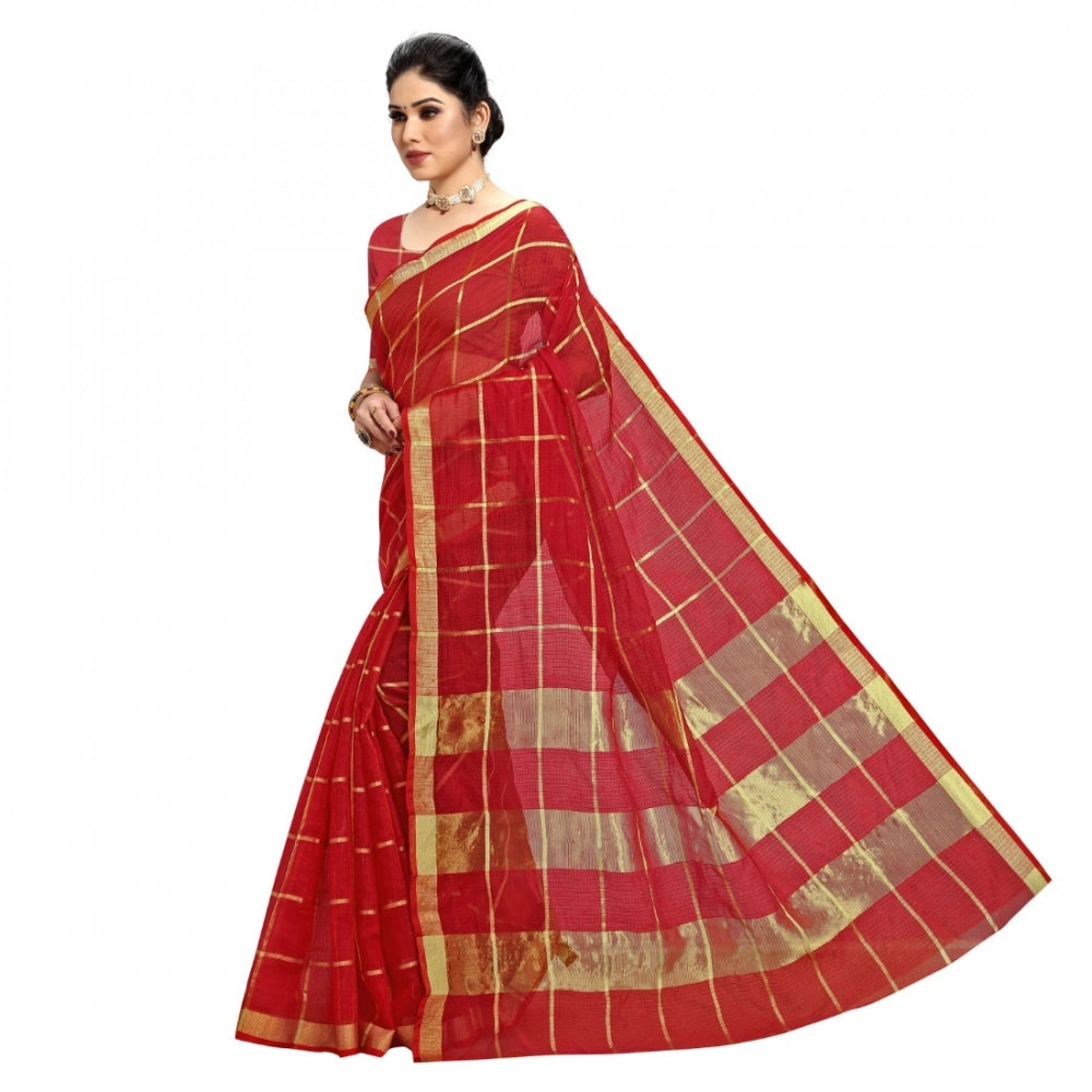 Red Kota Doria cotton checked saree with blouse (5-6 mtrs), perfect for casual and festive wear