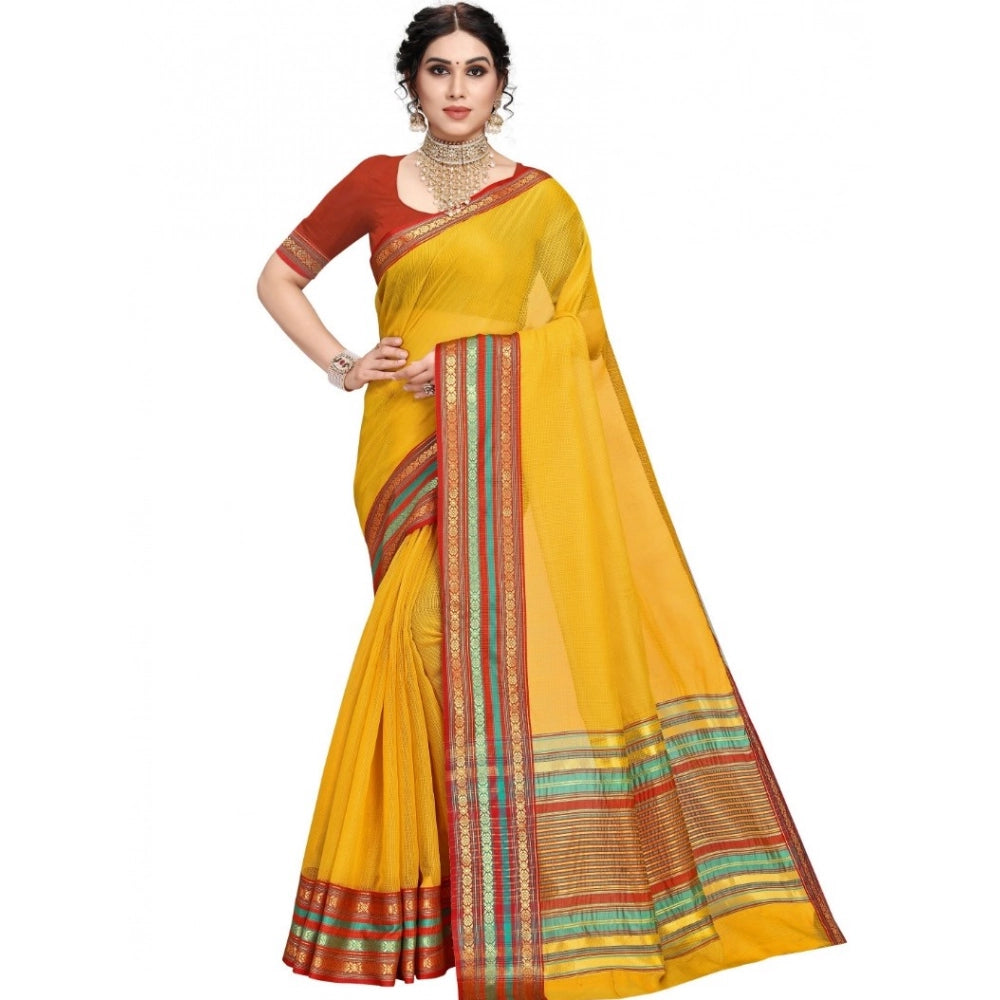 Yellow Kota Doria cotton bordered saree with blouse, casual and festive wear for women