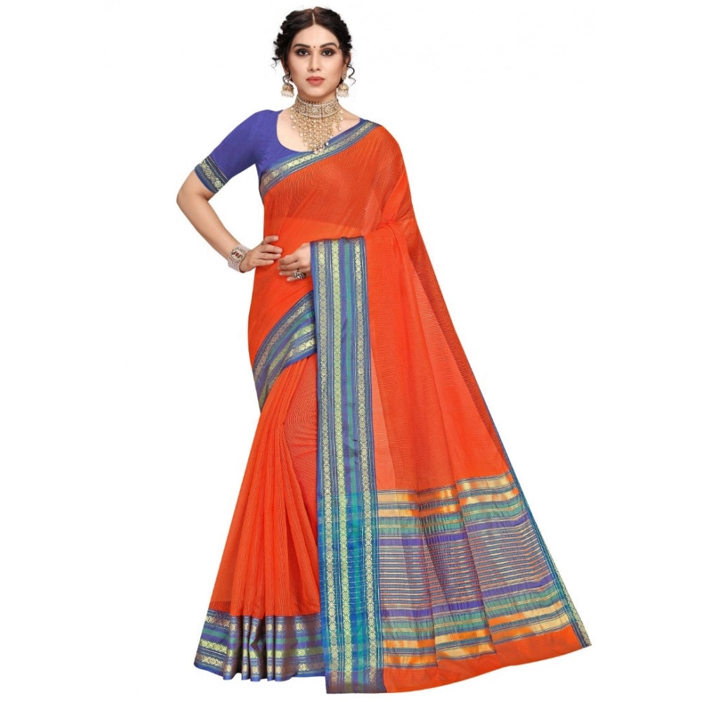 Fanta-colored Kota Doria cotton bordered saree with blouse for women's casual and festive wear, five to six meters length