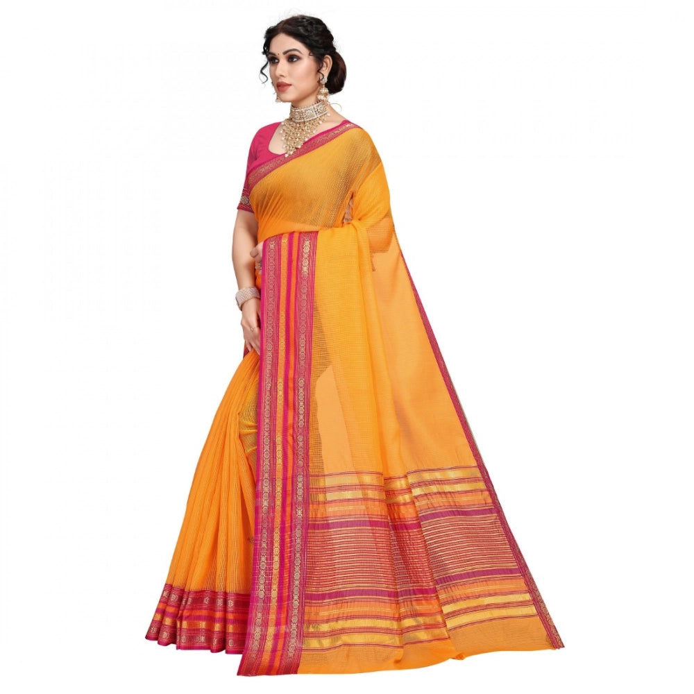 Gold Kota Doria cotton bordered saree and blouse for casual and festive wear (5-6 mtrs)