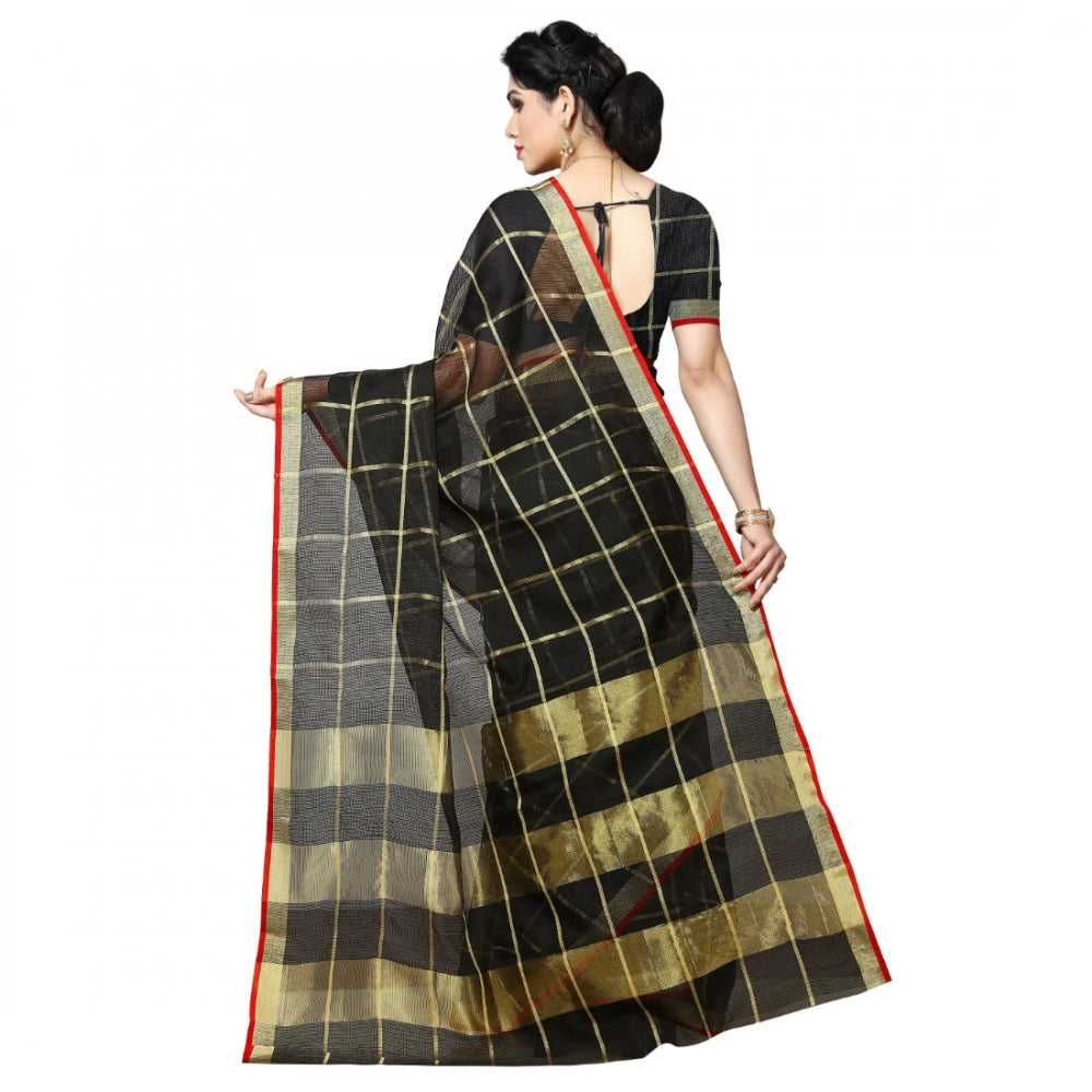 Black Kota Doria cotton checked saree with blouse, suitable for casual and festive wear