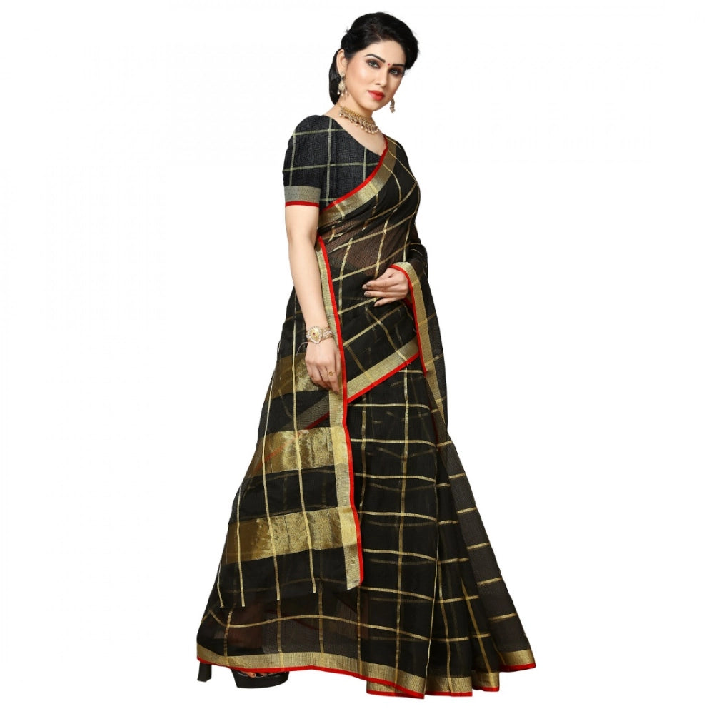 Black Kota Doria cotton checked saree with blouse, perfect for casual and festive wear