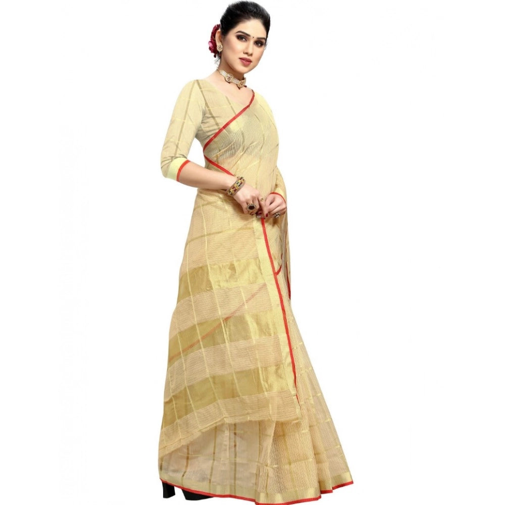 Beige Kota Doria cotton checked saree set (5-6m), ideal for casual and festive wear