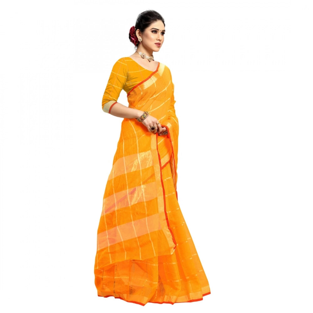 Yellow Kota Doria cotton checked saree with blouse (5-6 mtrs), suitable for casual and festive wear