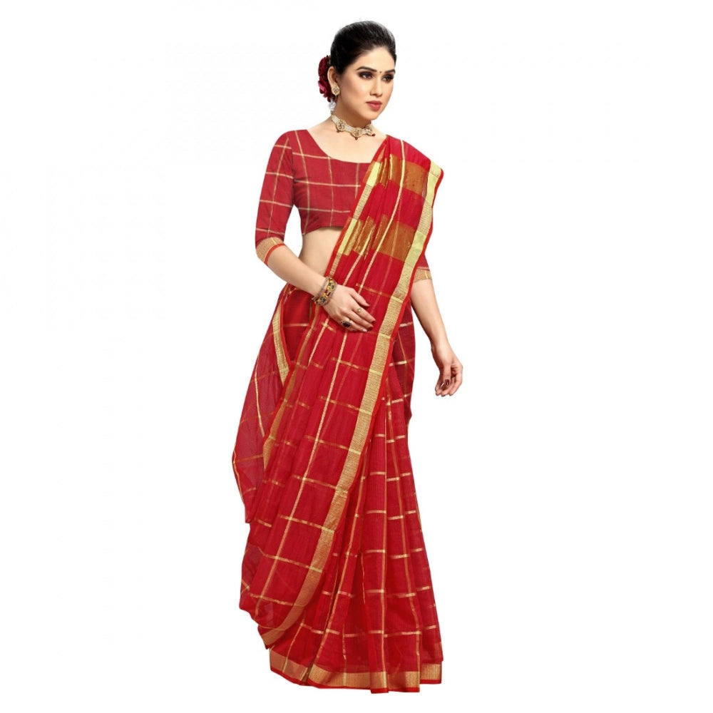 Red Kota Doria cotton checked saree with blouse (5-6 mtrs), casual and festive wear for women
