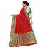 Red Kota Doria cotton bordered saree with blouse for casual and festive wear (5-6 mtrs)