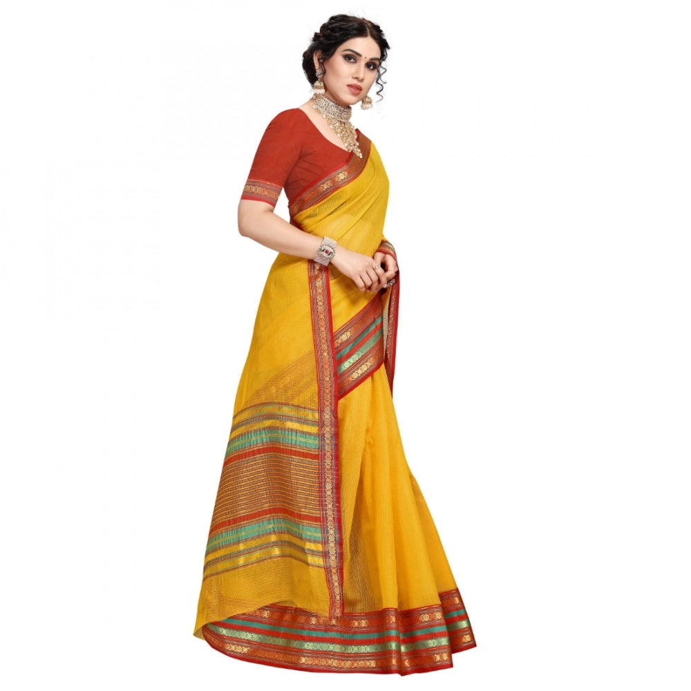 Yellow Kota Doria cotton bordered saree with blouse, 5-6 meters, for casual and festive wear