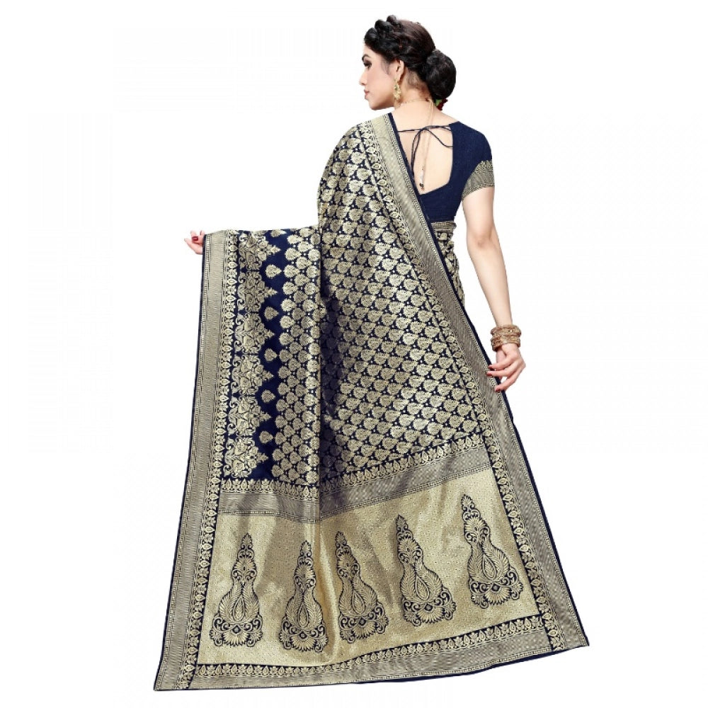 Navy Blue Jacquard Silk Kanjivaram Saree with Blouse, perfect for casual and festive wear (5-6 meters)