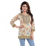 Multicolor faux crepe printed women's quarter sleeve kurta tunic top for casual occasions, vibrant pattern on display
