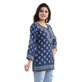 Blue faux crepe printed quarter-sleeve kurta tunic top for casual wear