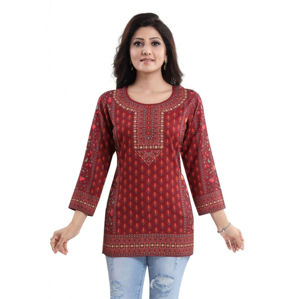 Red faux crepe printed short kurti tunic top for casual wear