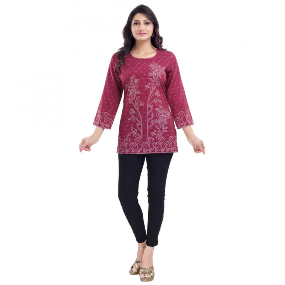 Magenta faux crepe printed short kurti tunic top for women's casual wear, quarter sleeve style