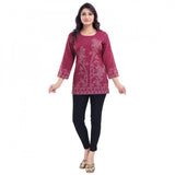 Magenta faux crepe printed short kurti tunic top for women's casual wear, quarter sleeve style