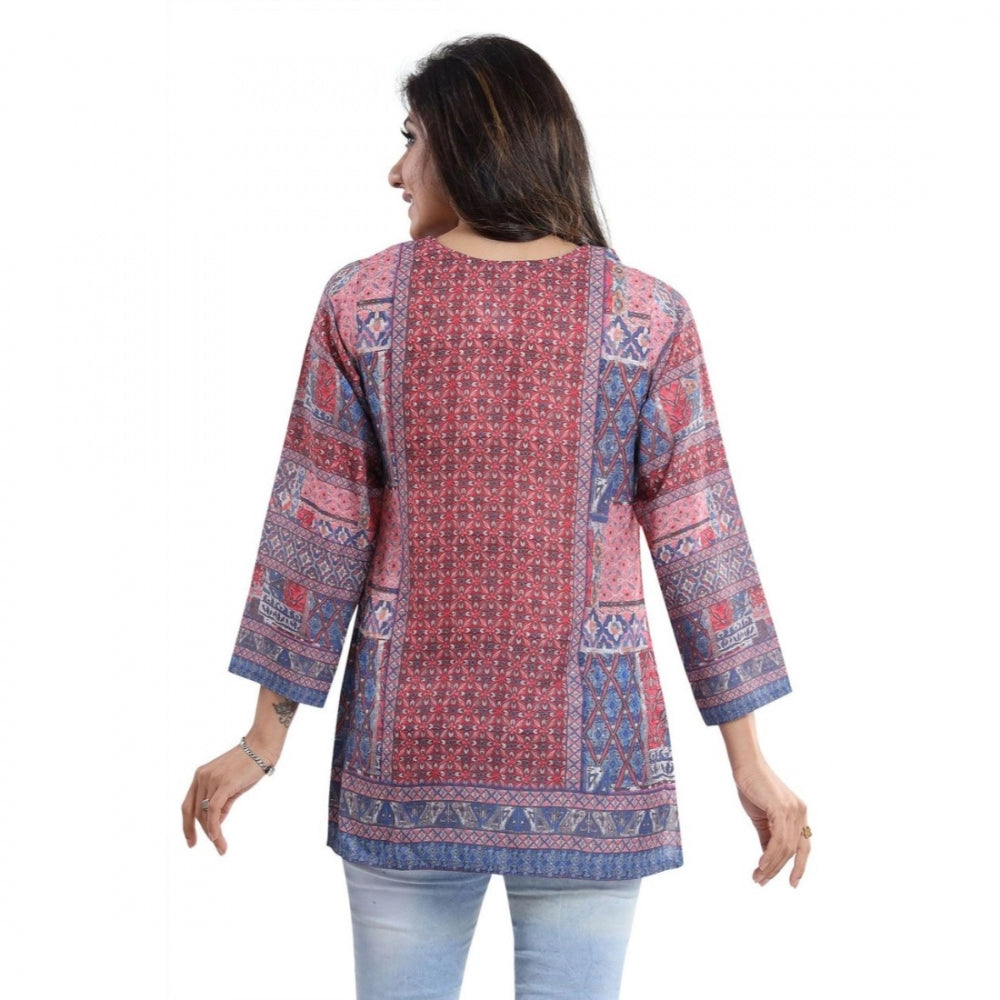 Multicolor faux crepe printed kurti tunic top for women, casual occasion wear with quarter sleeves
