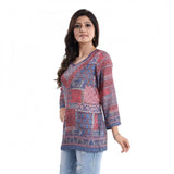 Multicolor faux crepe printed short kurti tunic top for women's casual wear, vibrant pattern on display