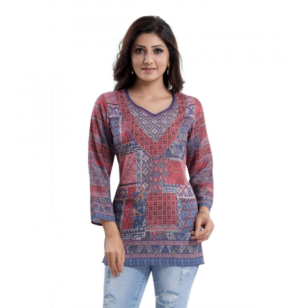 Multicolor faux crepe women's quarter sleeve printed short kurti tunic top, casual wear with intricate patterns