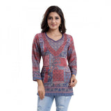 Multicolor faux crepe women's quarter sleeve printed short kurti tunic top, casual wear with intricate patterns