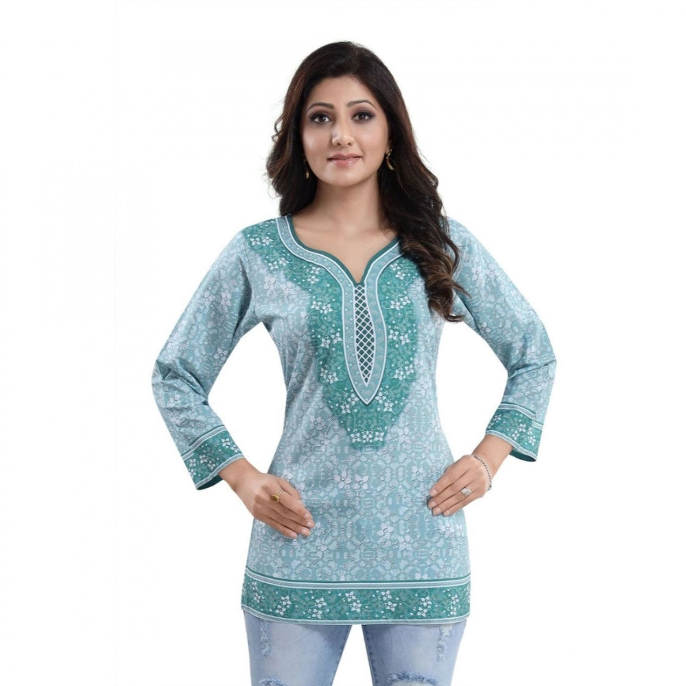 Blue faux crepe printed quarter-sleeve kurta tunic top for women