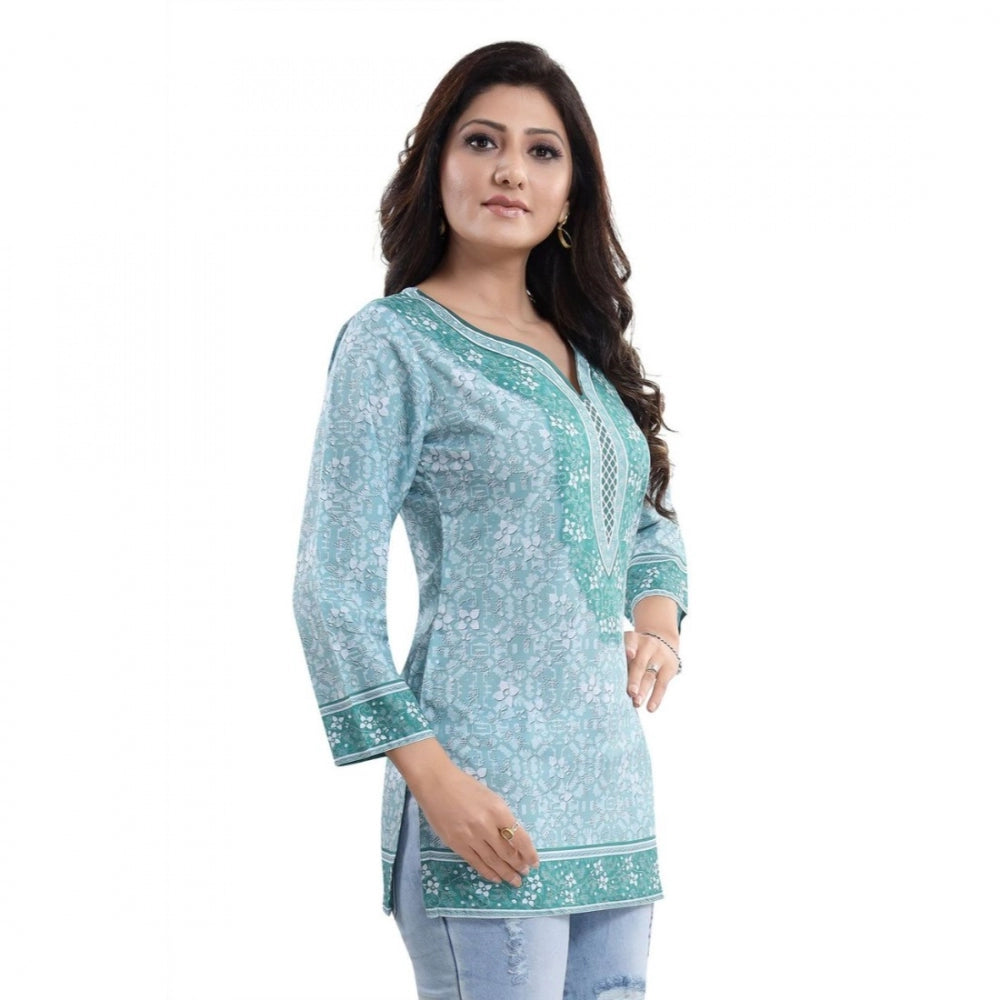 Blue faux crepe printed quarter sleeve kurti tunic top for women's casual wear