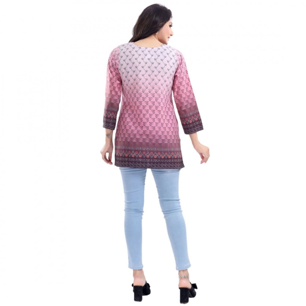 Pink faux crepe printed short kurti tunic top for casual wear, quarter sleeve design