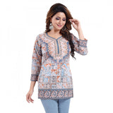 Blue faux crepe printed quarter sleeve kurti tunic top for casual wear