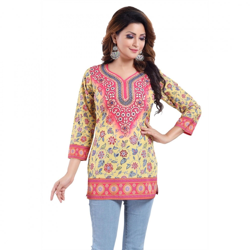 Yellow faux crepe printed short kurti tunic top, quarter sleeve, casual wear for women