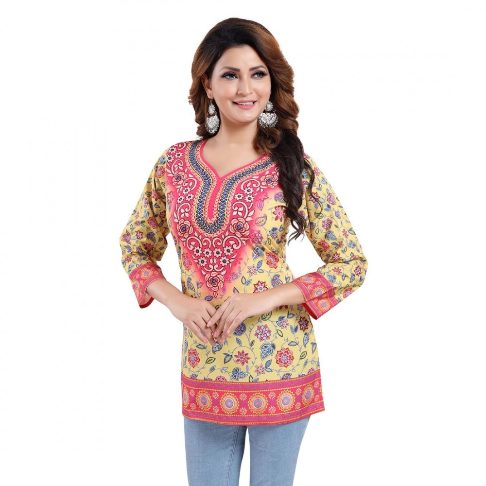 Yellow faux crepe printed quarter sleeve kurti tunic top for casual wear