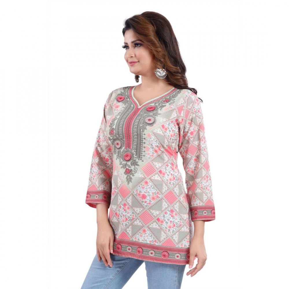 Pink faux crepe printed quarter sleeve kurta tunic top for casual women's wear, pattern detail on display