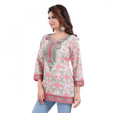 Pink faux crepe printed quarter sleeve kurta tunic top for casual women's wear, pattern detail on display