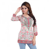 Pink faux crepe printed short kurti tunic top for women's casual wear